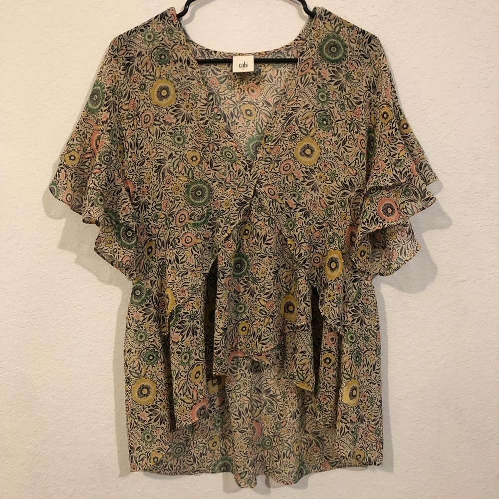 Cabi V-Neck High Low Ruffle Blouse